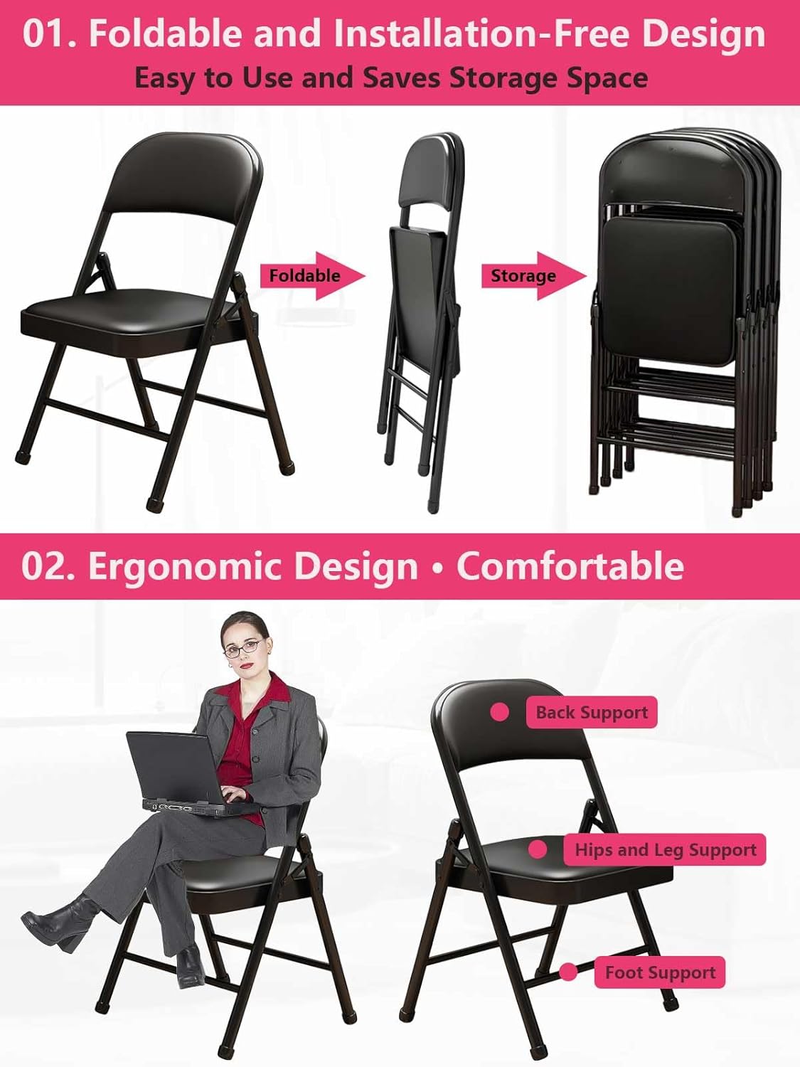 2 Pack Folding Chairs with Leather Padded Cushion and Back, Metal Black Foldable Chair for Indoor Outdoor, Commercial Stackable Guest Chairs for Office Events Wedding Party Kitchen Dining