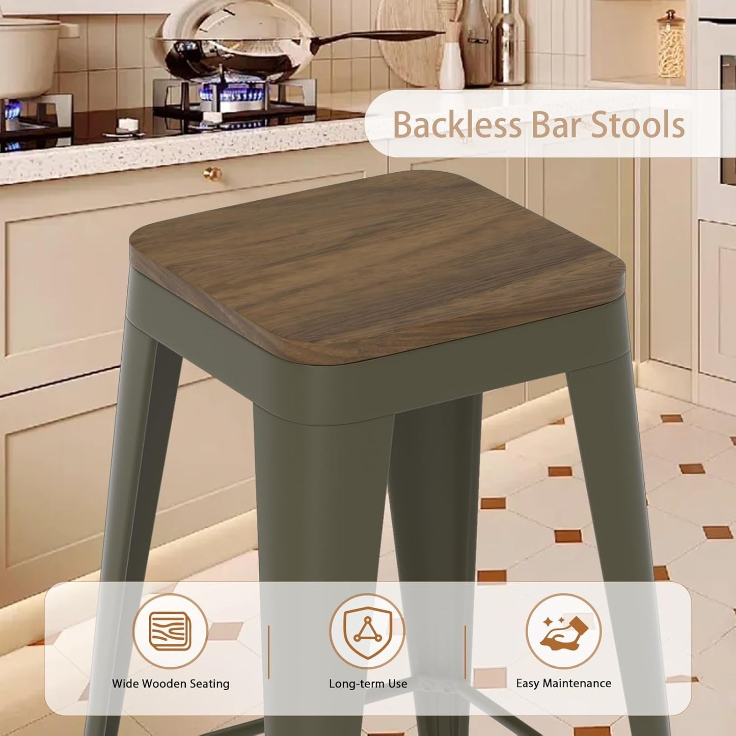 24 inch Backless Bar Stools Set of 4, Indoor Metal Bar Stools with Wood Seat, Industrial Counter Height Barstools for Kitchen Island, Rusty