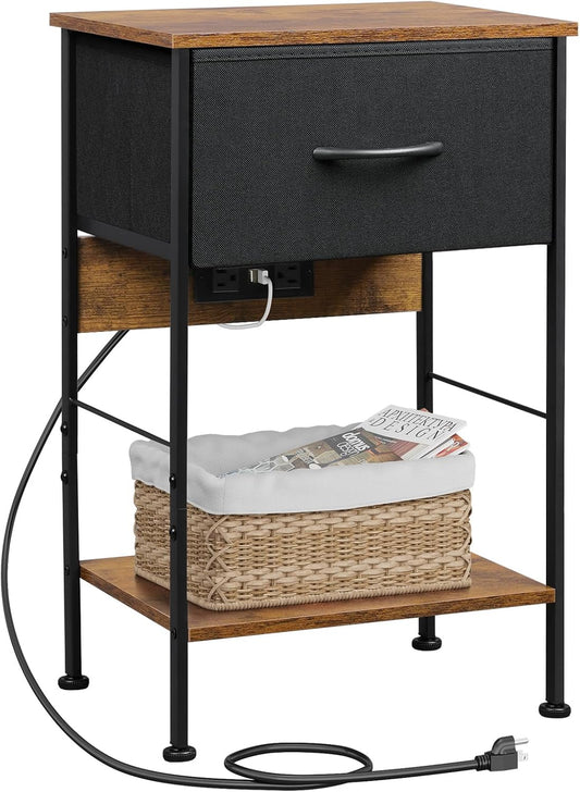 WLIVE Nightstand with Charging Station, Night Stand with 1 Fabric Drawer and Open Shelf, 25" H Bed Side Table for Bedroom, End Table, Small Dresser for Dorm, Entryway, Black and Rustic Brown