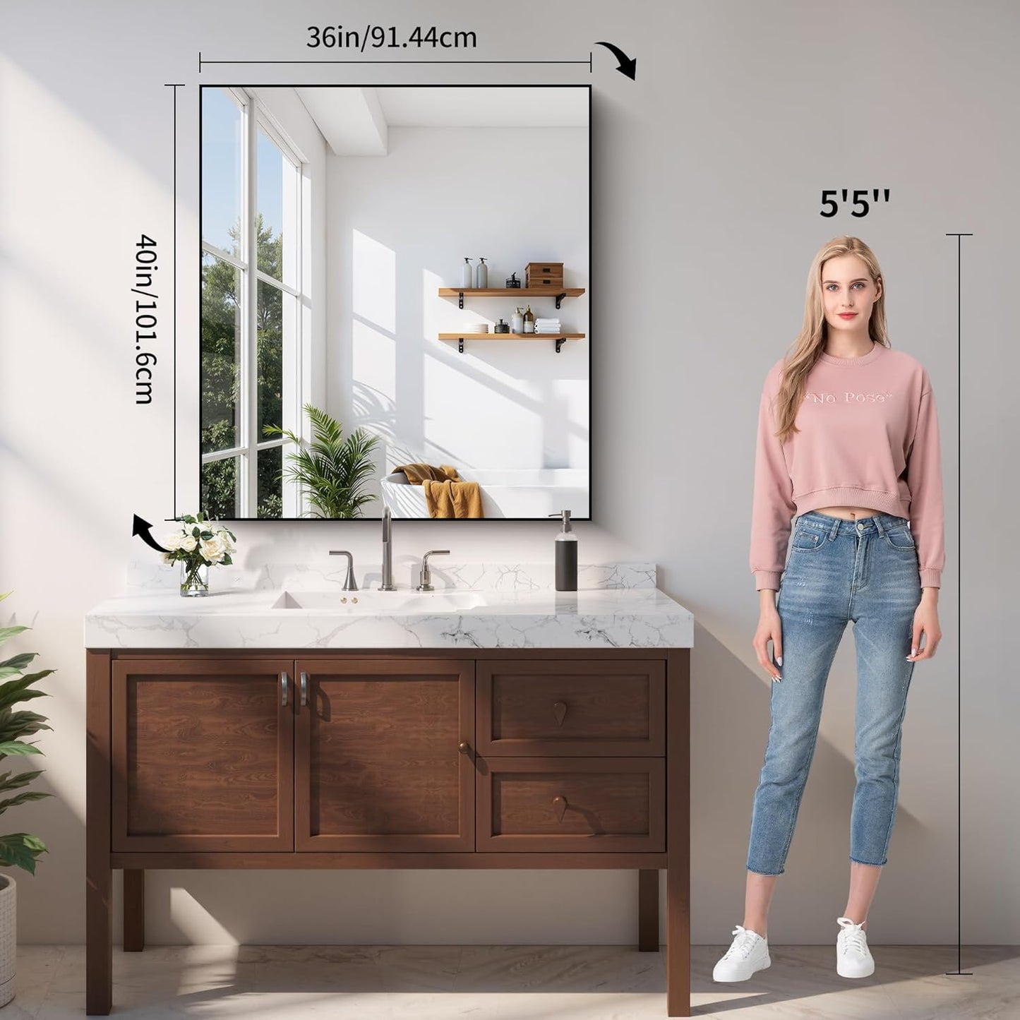YIROMAN Bathroom Mirror 36"x40", Large Brushed Silver Bathroom Mirror for Over Sink with Aluminum Frame, Rectangular Vanity Mirror with Right Angle, Wall Mirror Hangs Horizontal or Vertical