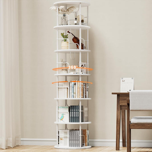 6 Tier Rotating Bookshelf, 360 ° Display Stackable Spinning Bookshelf Tower, Corner Bookshelf Tall Floor Standing Swivel Bookcase Narrow Storage Organizer for Bedroom, Living Room, White
