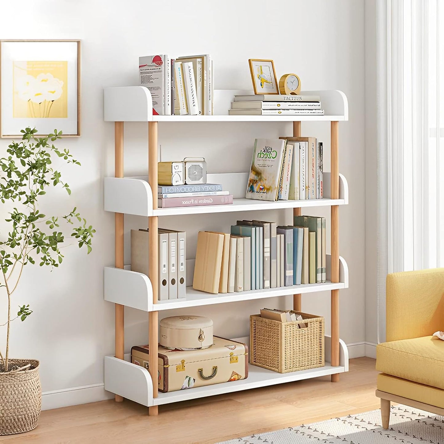4-Tier Wooden Open Bookcase - Modern Display Bookshelf with Side Panels and Solid Wood Frame for Home and Office, Storage Cabinet, Warm White