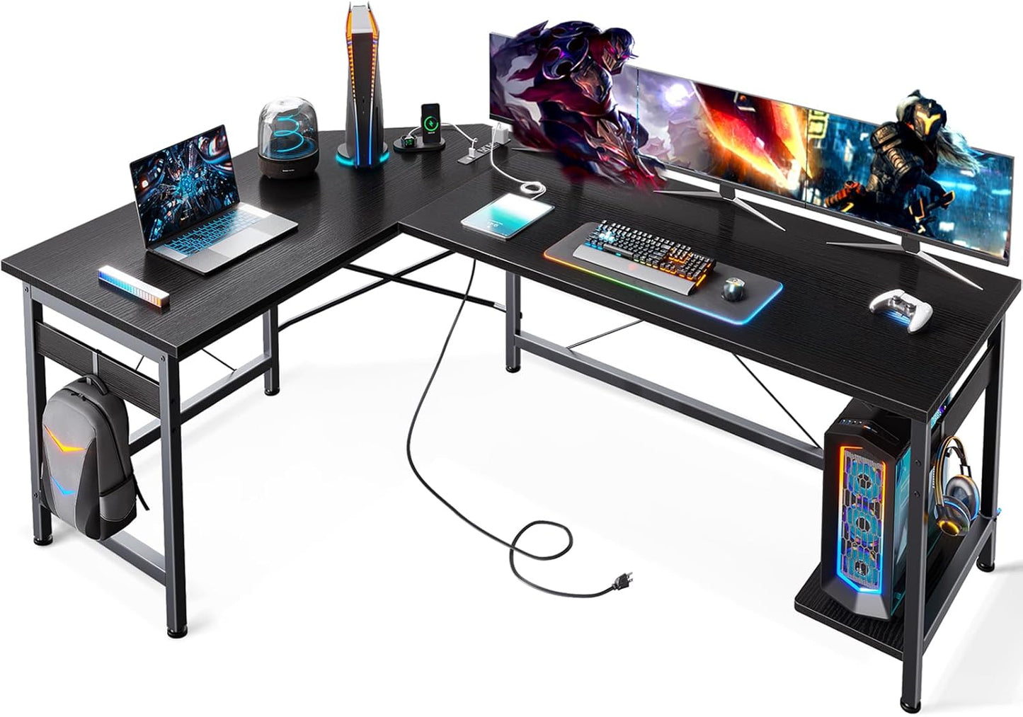 Coleshome 59" L Shaped Gaming Desk with Outlet, L Shaped Desk with CPU Stand, Corner Computer Desk, Home Office Desk, Writing Desk, Black