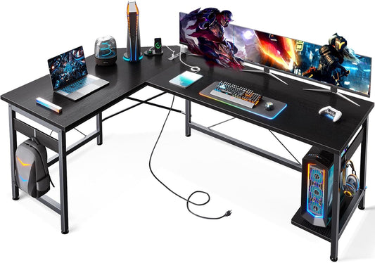 Coleshome 59" L Shaped Gaming Desk with Outlet, L Shaped Desk with CPU Stand, Corner Computer Desk, Home Office Desk, Writing Desk, Black