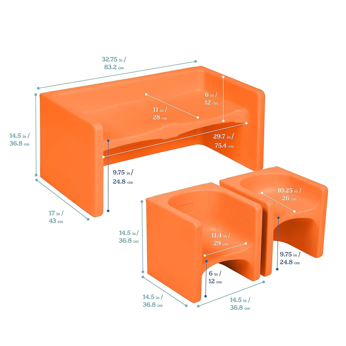 ECR4Kids Tri-Me Table and Cube Chair Set, Multipurpose Furniture, Orange, 3-Piece