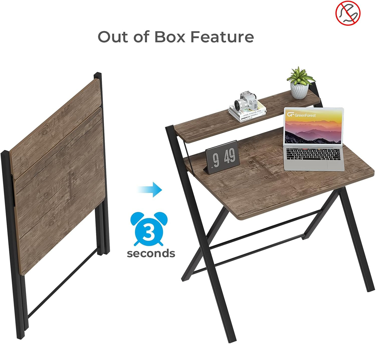 GreenForest No Assembly Folding Desk, 2-Tier Compact Computer Desk with Shelf, 30 inch Space Saving Foldable Table for Home Office, Dorm or Apartment, Portable Collapsible Sturdy Laptop Desk, Brown