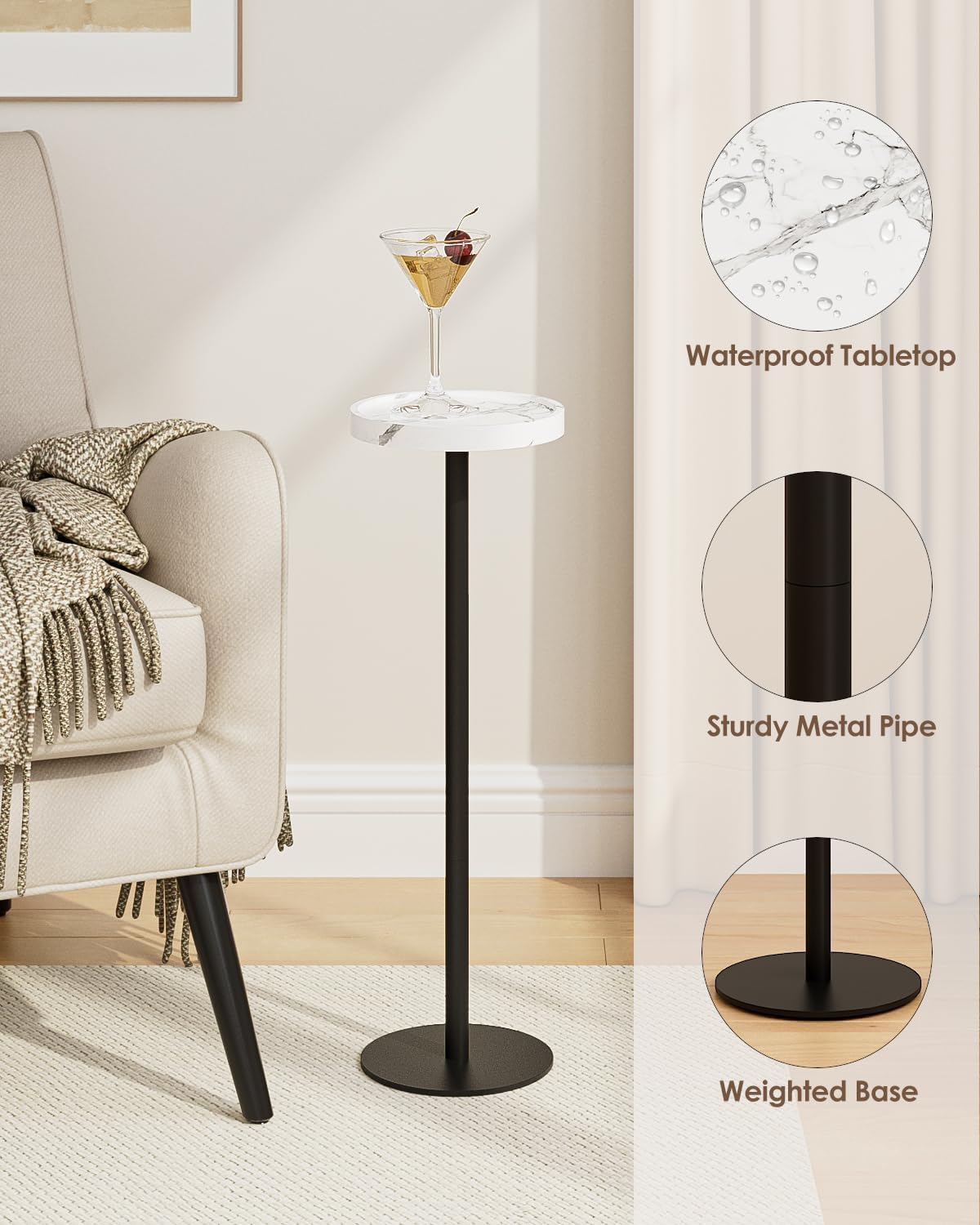 Drink Table, Small Pedestal Side Table, Round Cocktail Table, Circle Accent End Table with Metal Base, for Small Spaces (1, White Marble)