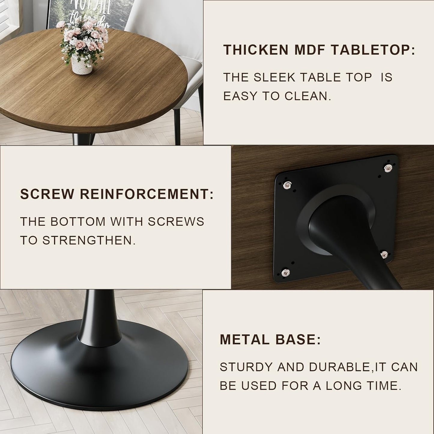 24" Small Tulip Table for 2 Person, Walnut Wood Round Dining Table for Kitchen, Mid Century Modern Table with Metal Pedestal Base for Cafe, Pub, Bar, Living Room, Bar, 24 inch Circle Bistro Tables