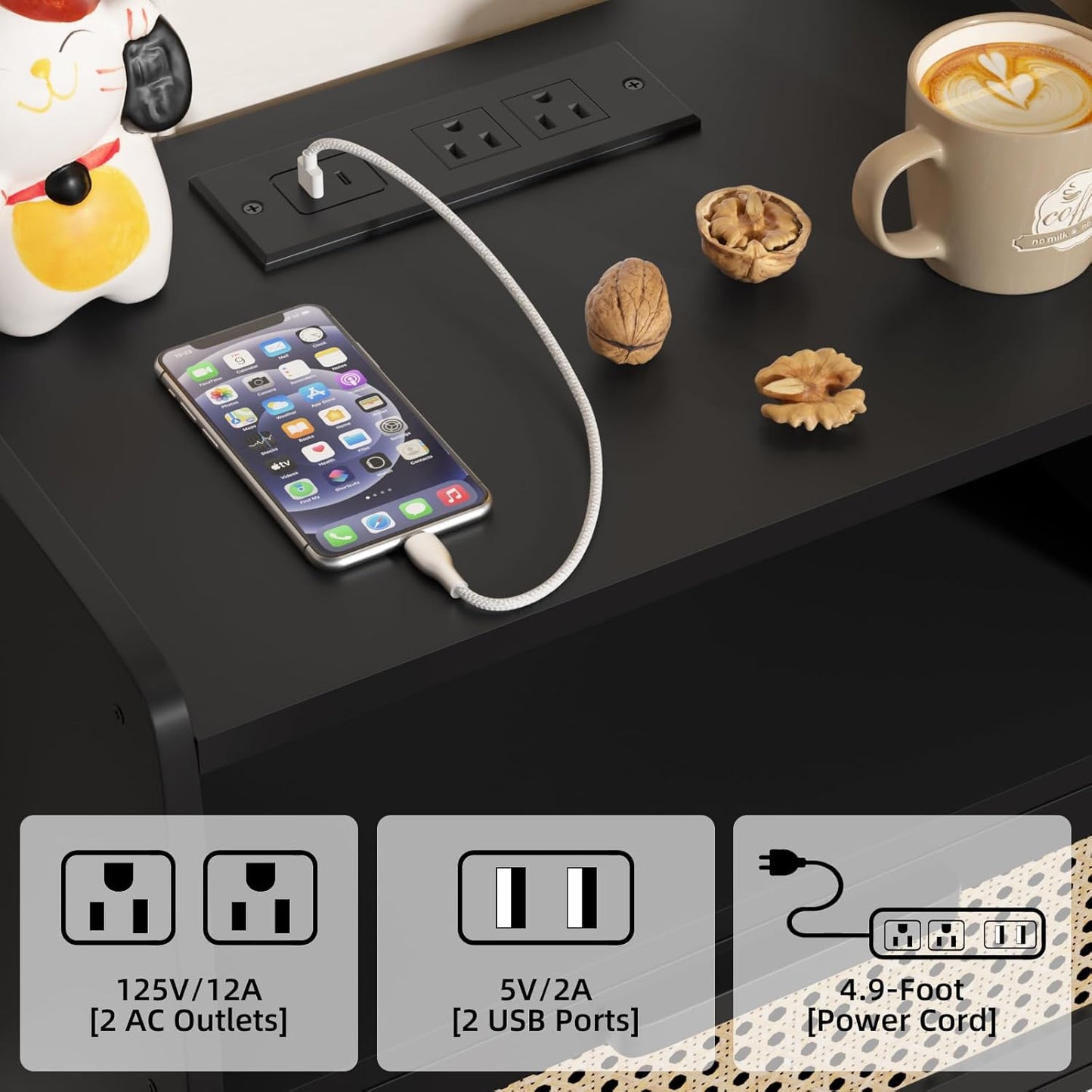 Lerliuo Rattan Nightstands Set of 2 with Charging Station, Black Bedside Table with Drawer Open Shelf, Cane Accent Side End Table with Solid Wood Legs, Night Stand for Bedroom, Dorm and Small Spaces