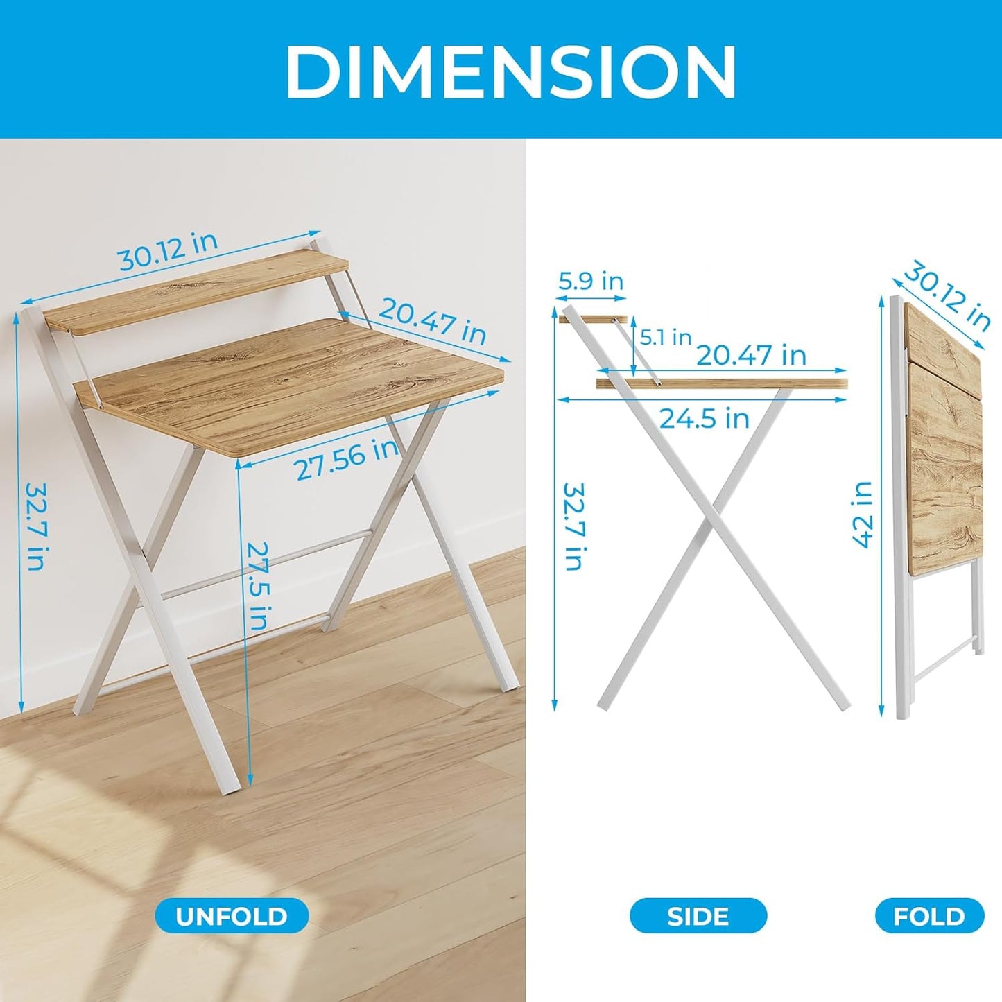 GreenForest No Assembly Folding Desk, 2-Tier Compact Computer Desk with Shelf, 30 inch Space Saving Foldable Table for Home Office, Dorm or Apartment, Portable Collapsible Sturdy Laptop Desk, Oak