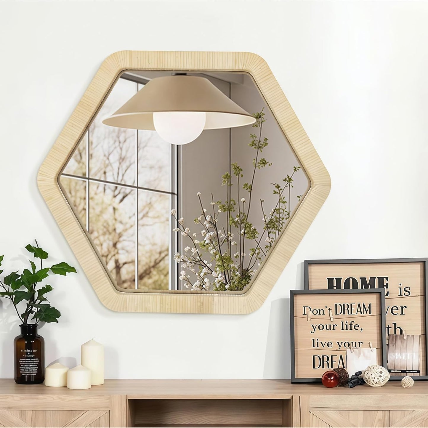 ULIKE Rattan Mirror for Wall, Bathroom 24 Inch Rustic Farmhouse Wall Decor with Handmade Wicker Frame, Boho Woven Mirror for Nursery Bedroom Living Room Entryway