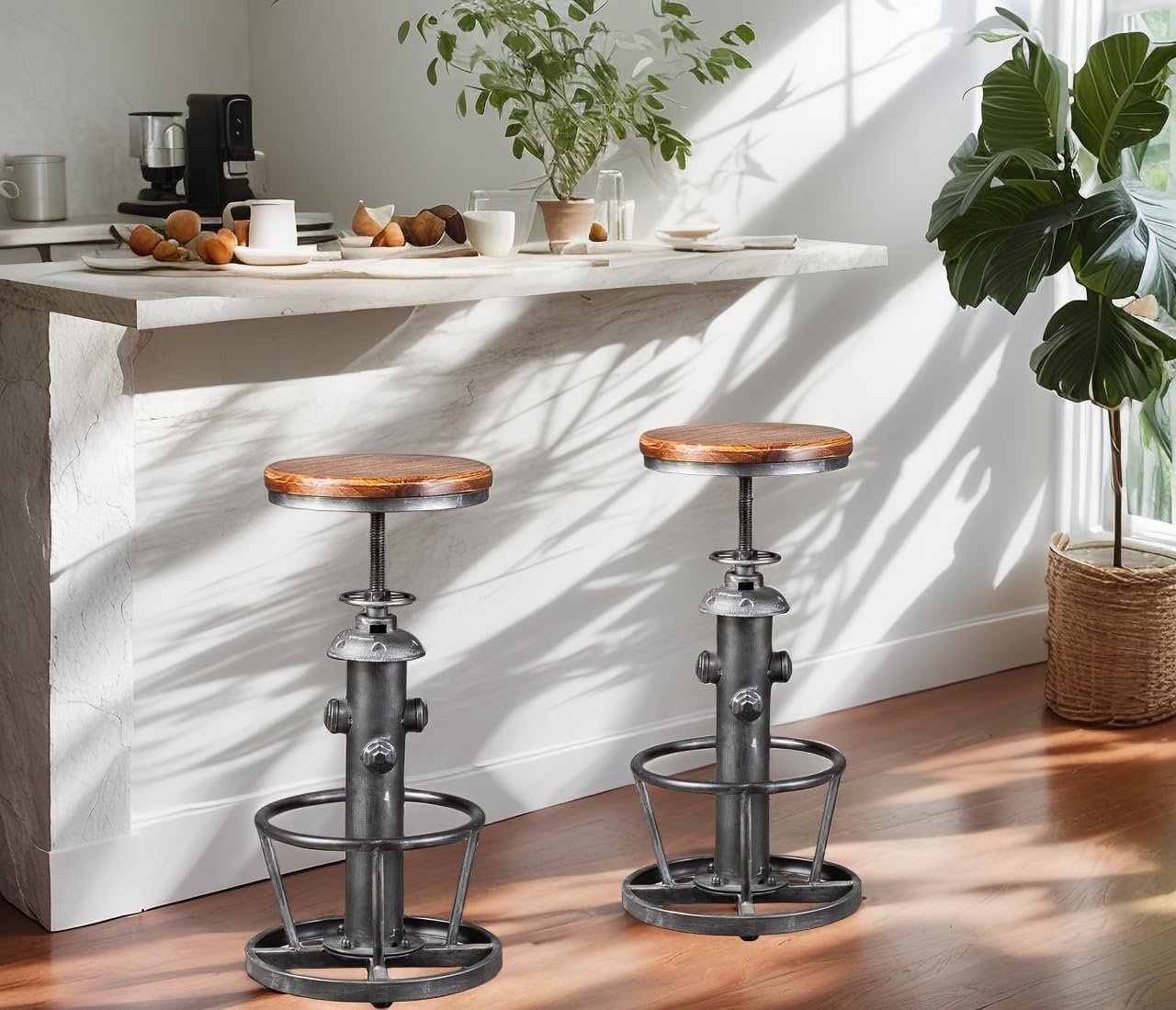 Swivel Bar Stool Industrial Coffee Kitchen Dining Chair Fire Hydrant Design Height Adjustable 24.8-30.7inch Wooden Seat