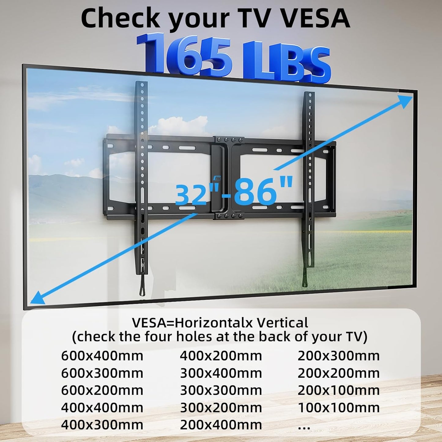 HOME VISION Heavy Duty Fixed TV Wall Mount for Most 32-86 Inch Flat TVs, Max VESA 600X400mm up to 165lbs Fits 16/18/24 Inch Wood Studs, Universal Low Profile Wall Mount TV Bracket, Space Saving HV8601