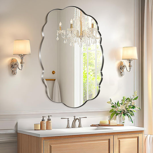 ANDY STAR Brushed Nickel Bathroom Mirror, 24x32 Inch Silver Asymmetrical Wall Mirror, Oval Bathroom Vanity Mirror, Unique Irregular Wall Mirror with Sophisticated Curved Design