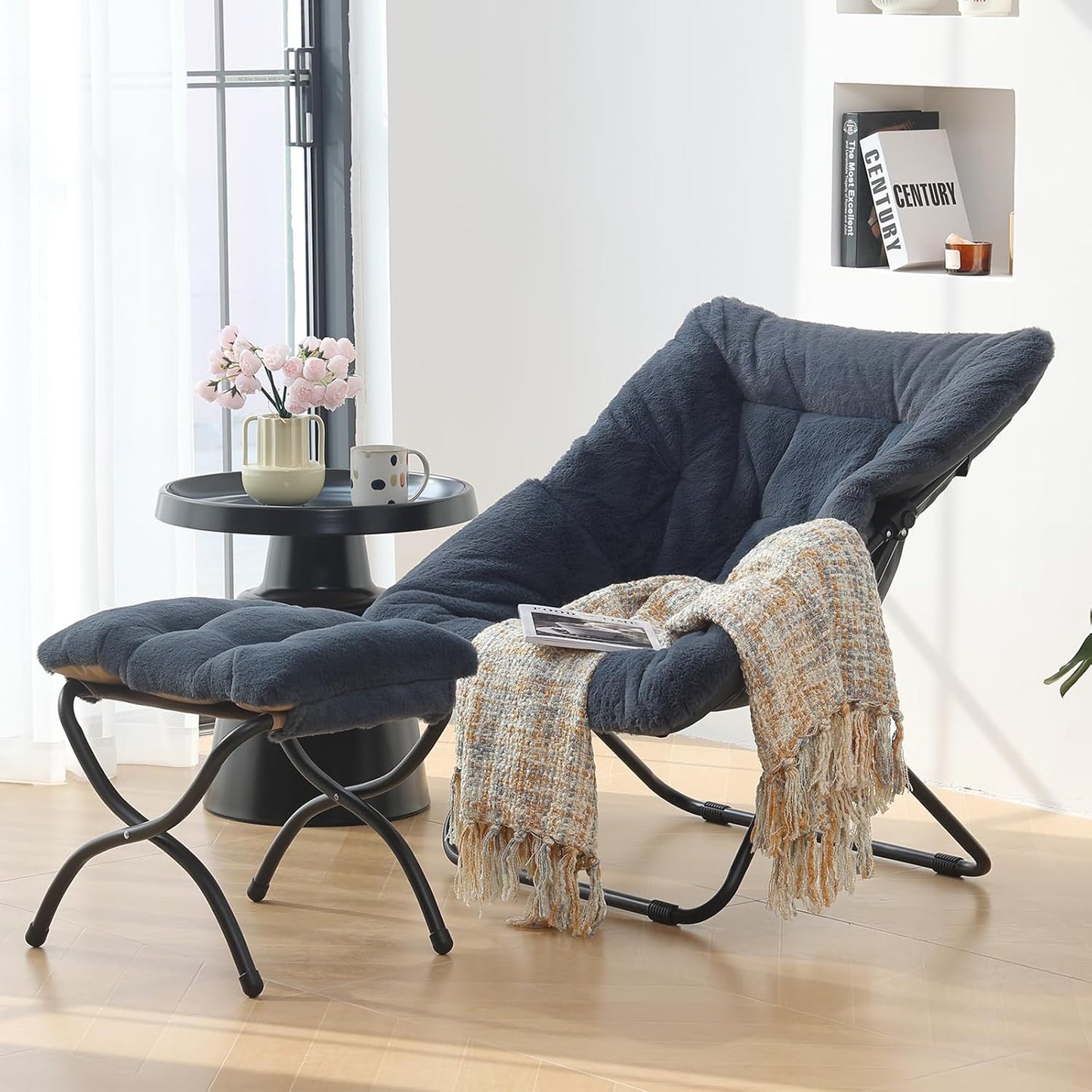 Saucer Chair with Ottoman, Comfy Doorm Chairs, Oversized Folding Faux Fur Chair, Foldable Metal Frame Chair for Bedroom, Living Room(Navy Blue)