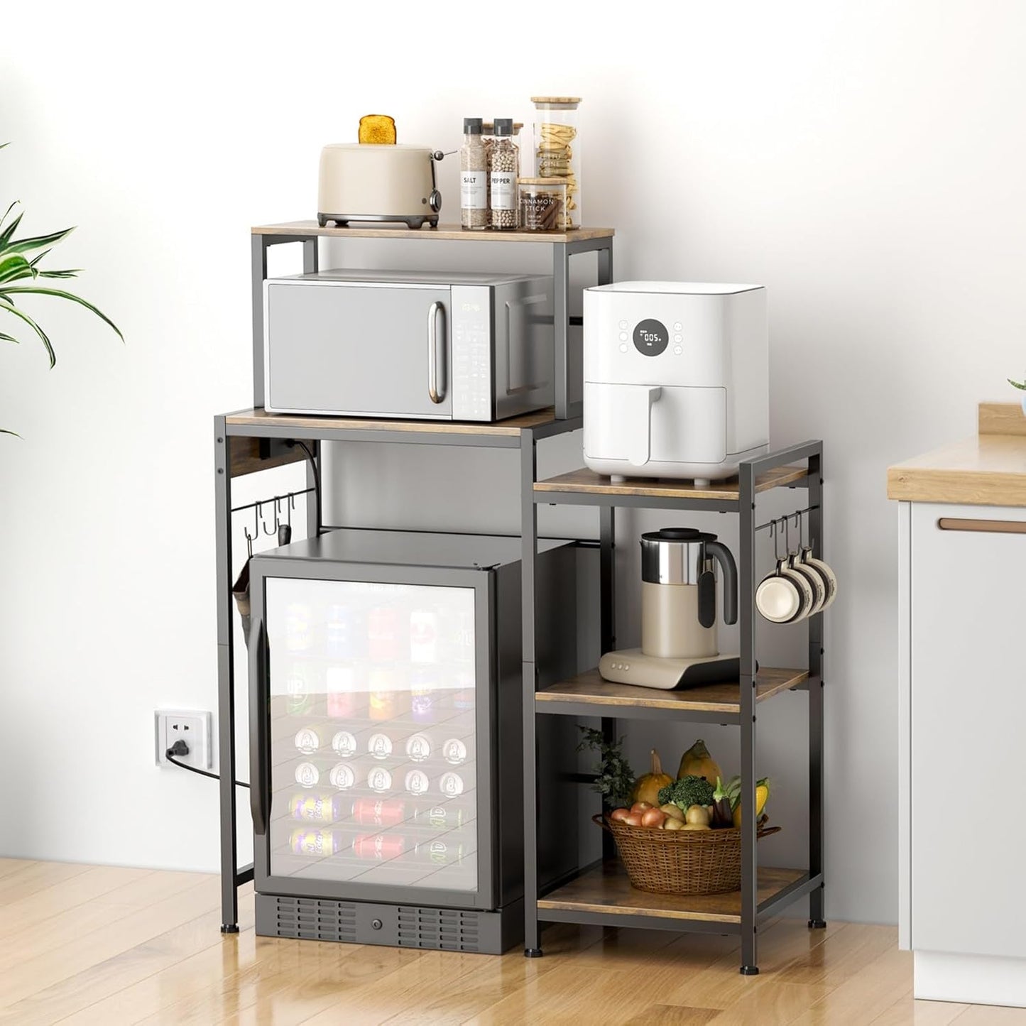 Mini Fridge Cabinet with Storage Shelves, Microwave Stand with Power Outlet, Coffee Bar Cabinet with Mini Fridge Space, Utility Storage Shelf for Home Kitchen Dorm Office