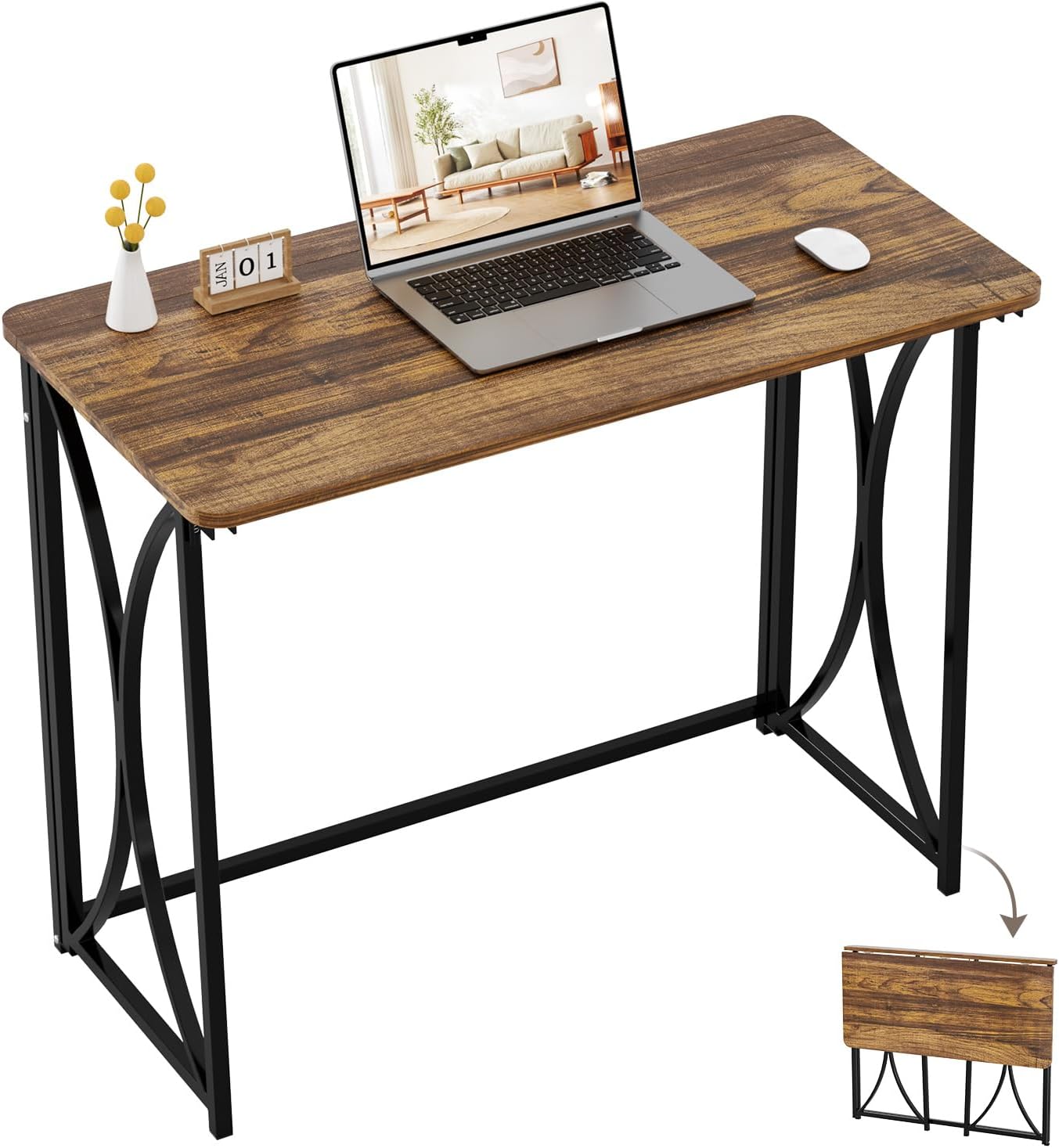 Folding Desk, 31.5" Small Desk for Bedroom, Space Saving Foldable Computer Desk for Home Office, Easy Assembly, Brown