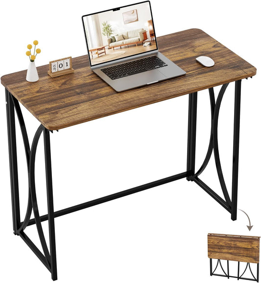 Folding Desk, 31.5" Small Desk for Bedroom, Space Saving Foldable Computer Desk for Home Office, Easy Assembly, Brown
