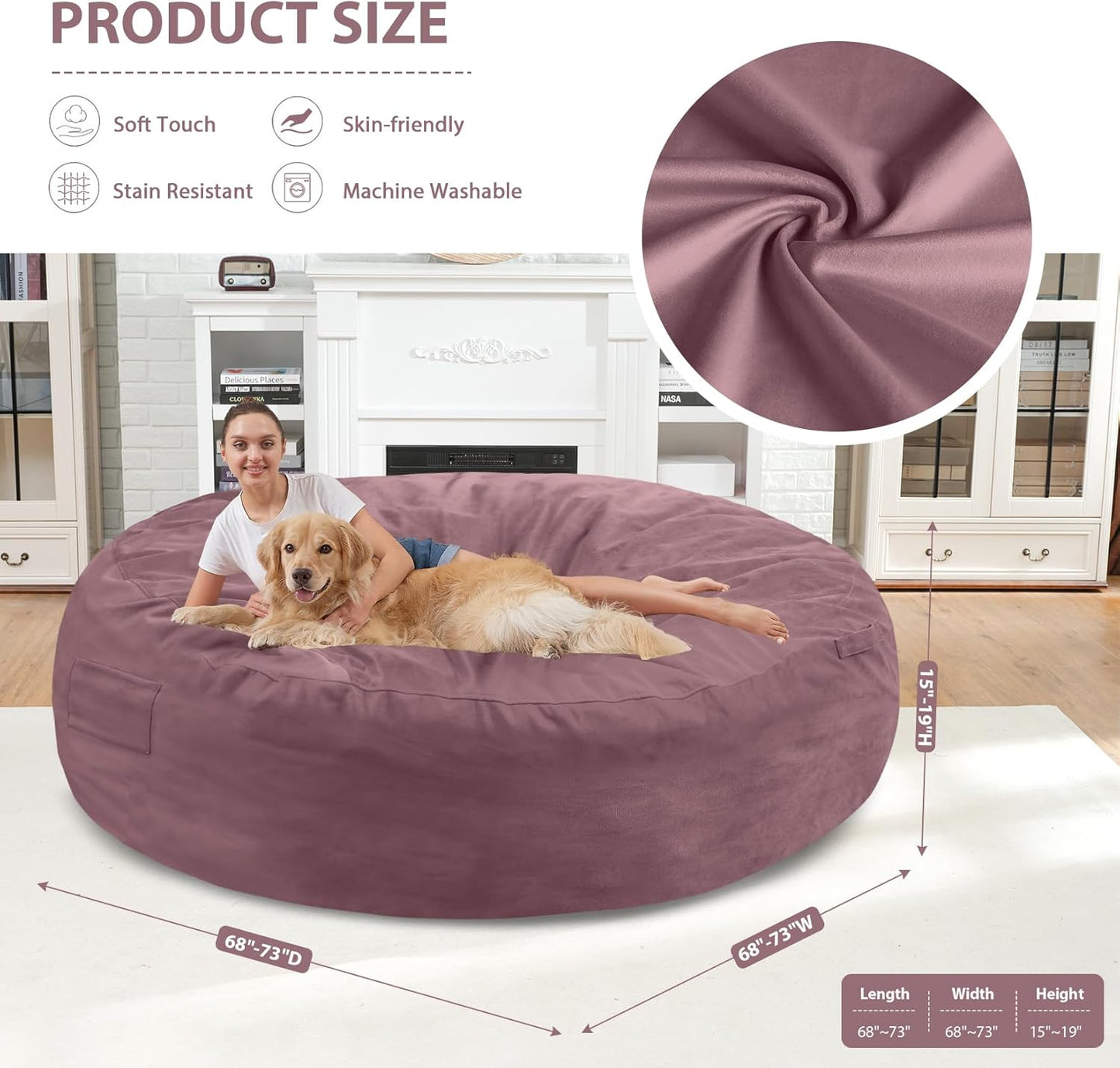 7FT Bean Bag Chair, Large Bean Bag Chairs with Memory Foam Filled, Fluffy Beanbag Sofa with Dutch Velvet Cover, Round BeanBag Chairs for Living Room, Playroom - Dusty Pink