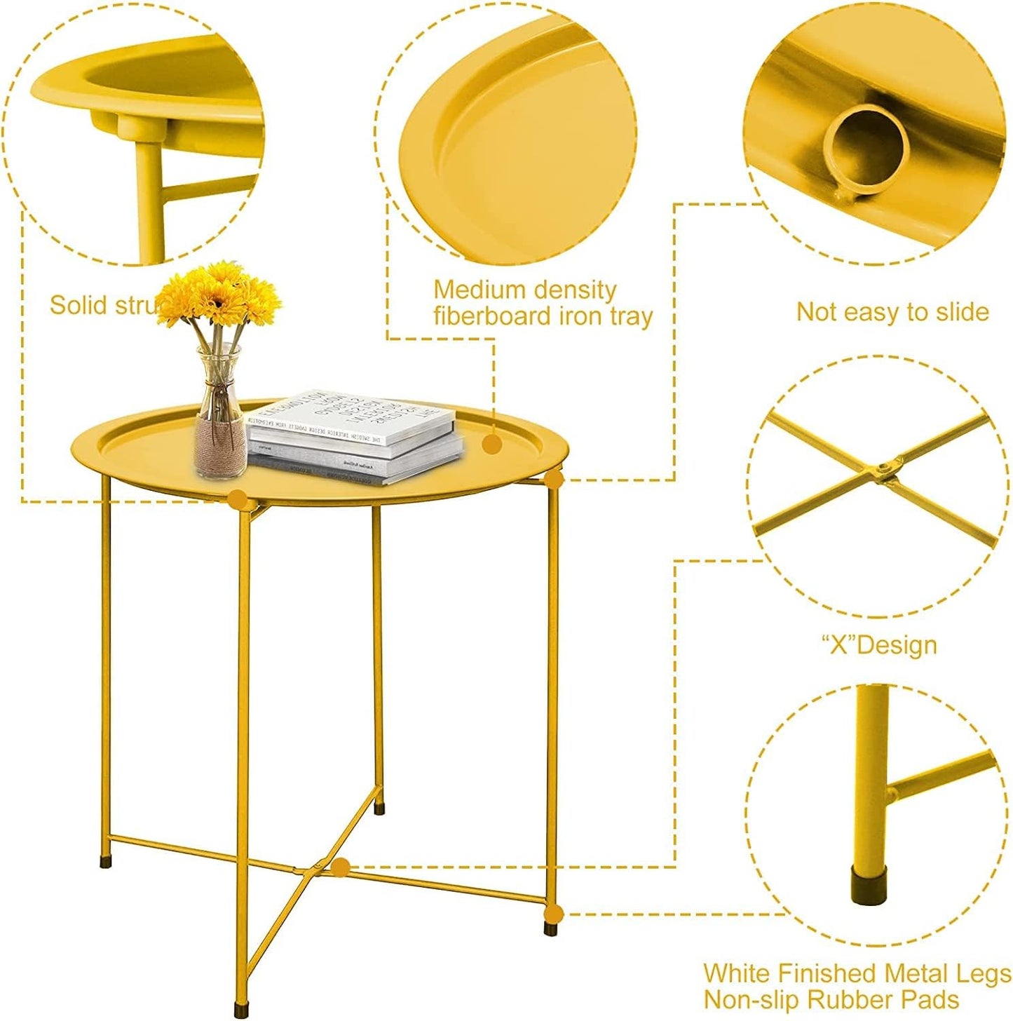 Garden 4 you End Table 2 PCS Metal Side Table Yellow Round Folding Tray Cyan Sofa Small Accent Fold-able Table, Round End Table Tray, Next to Sofa Table, Snack Table for Living Room and Bed Room