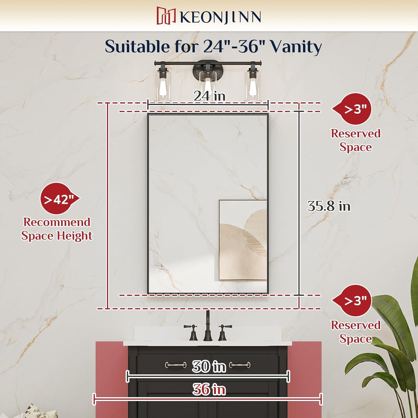 Keonjinn 24 x 36 in Brushed Bronze Bathroom Mirror, Rectangular Metal Frame Farmhouse Wall Mirror, Modern Rectangle Mirrors with Aluminum Alloy Framed for Over Sink(Horizontal/Vertical)