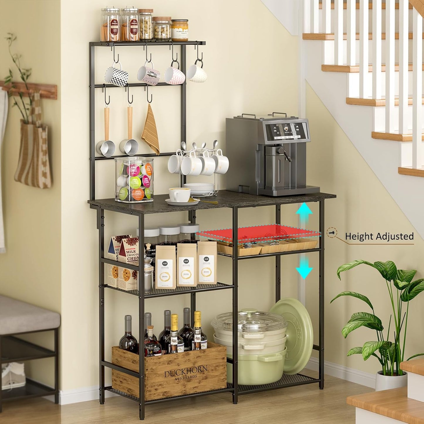 Baker's Rack for Kitchen with Storage, Microwave Stand with Adjustable Shelves, Kitchen Stand with 10 S Hooks, 6-Tier Coffee Bar Station, Kitchen Shelves for Spices, Pots, Gray