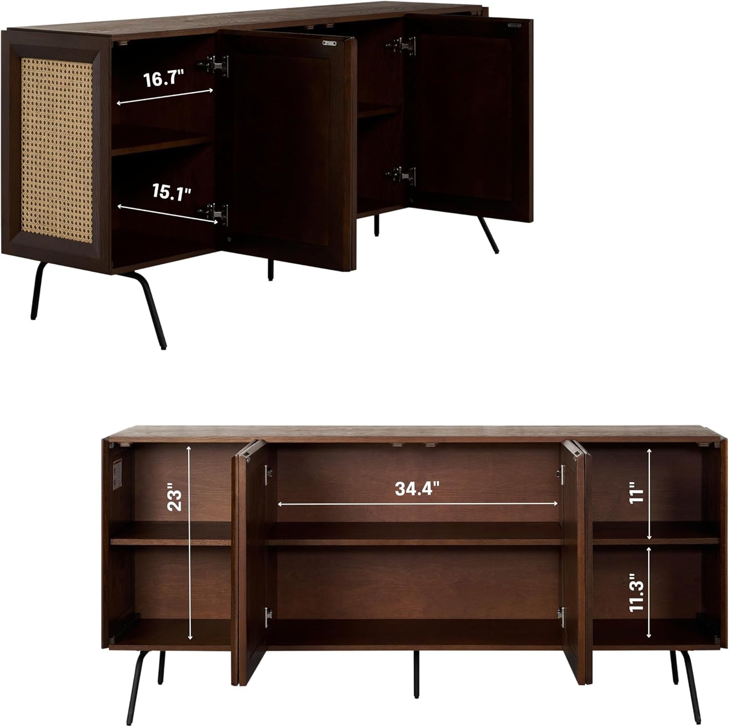 NTC MOSSIC Modern Sideboard with 4 Doors, Natural Rattan Storage Cabinet, Buffet with Metal Legs, Boho Accent Cabinet for Living Room, and Entryway, Effortless Assembly - Dark Walnut