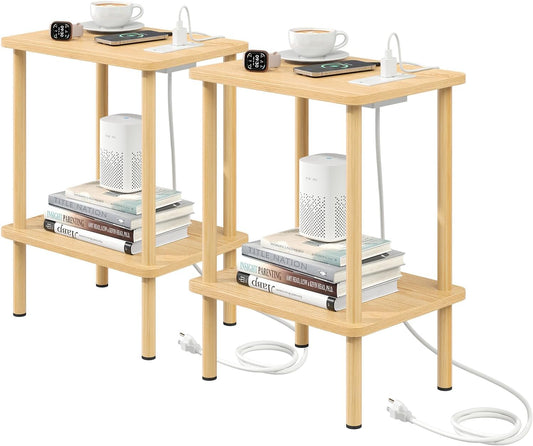 Apicizon 2 Tier End Table Set of 2, Small Side Table with Charging Station, Boho Bedside Table with USB Ports and Outlets, Nightstand for Small Spaces, Bedroom, Living Room, Easy Assembly, Natural