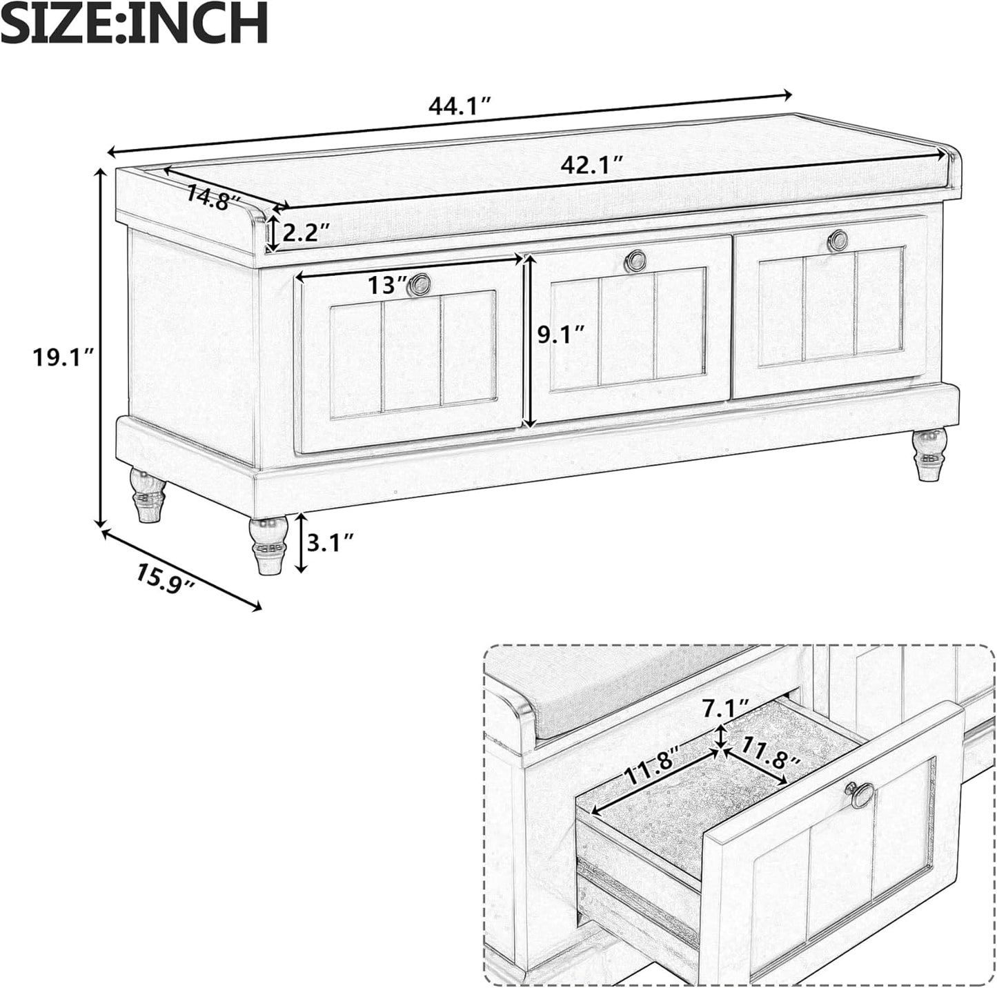 Merax Classic Storage Bench with Cushioned Seat and Three Drawers for Entryway & Living Room & Bedroom, Light Gray