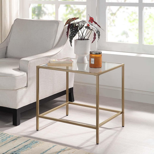 CAWS Gold End Table, Tempered Glass Rectangle Side Table with Stain Gold Metal Frame, Accent Table, Night Stand, Modern Minimalist Table for Living Room, Dining Room, Bedroom, Office or Outdoor