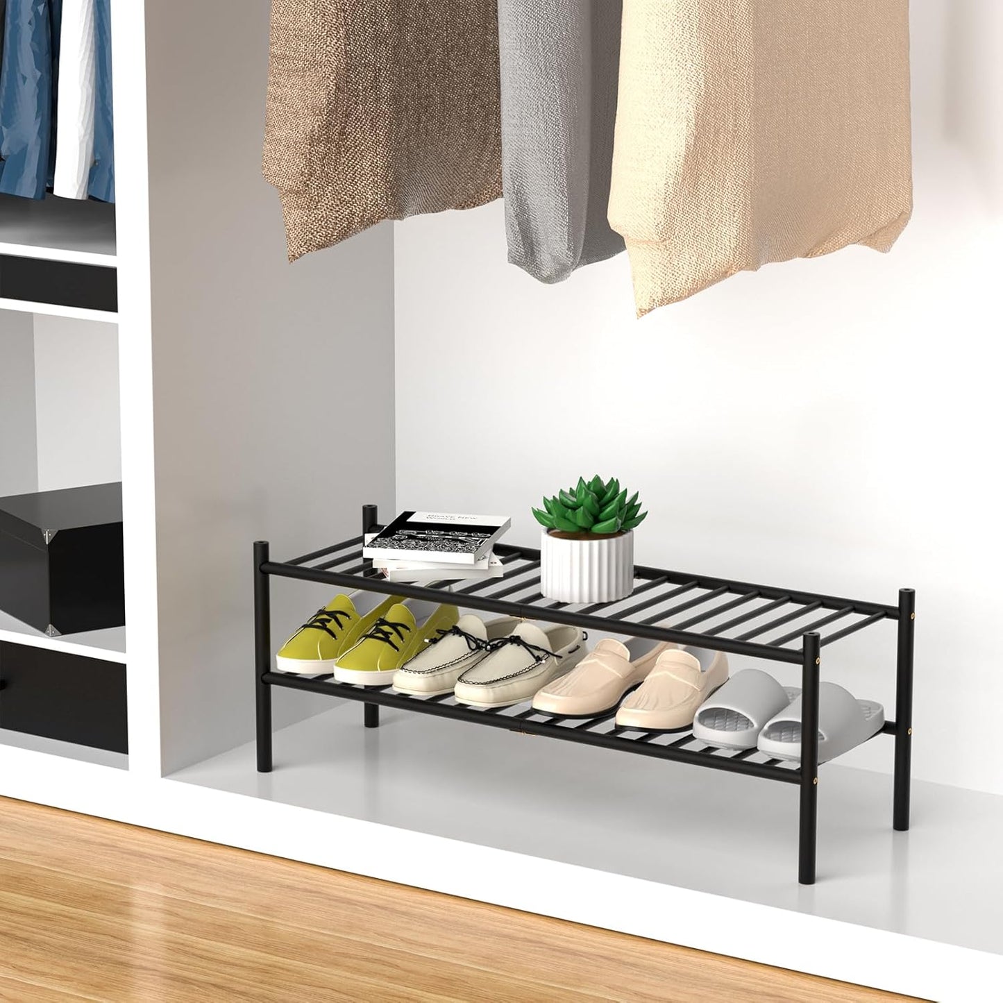 2-Tier Bamboo Long Shoe Rack, Free Standing Wood Shoe Shelf Storage Organizer for Closet Entryway Stackable 35"x11"x13" (Black)