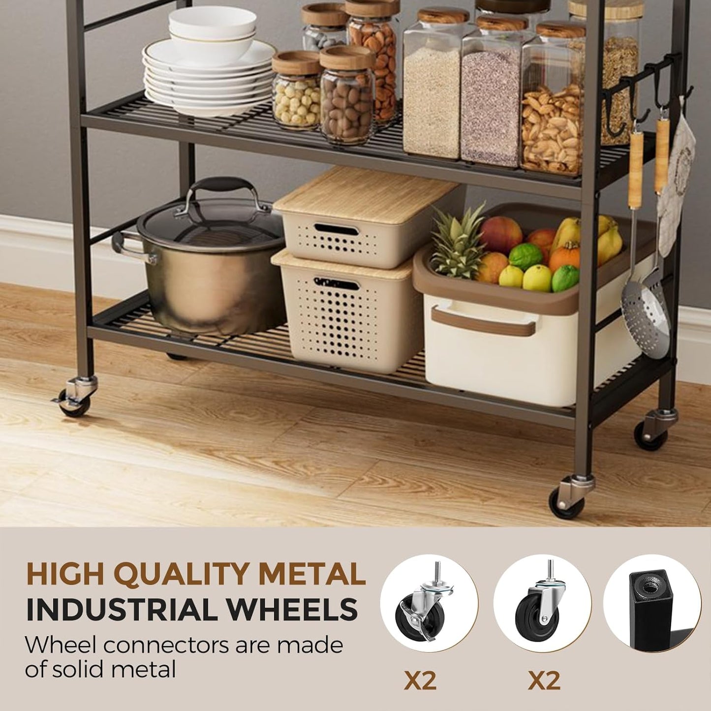 3-Tier Metal Storage Rack with Industrial Wheels,Mesh Shelving Unit with Wooden Table top,Adjustable Shelf,31.5-Inch Width, for Kitchen, Laundry,Pantry,Plant,Black panel and black frame