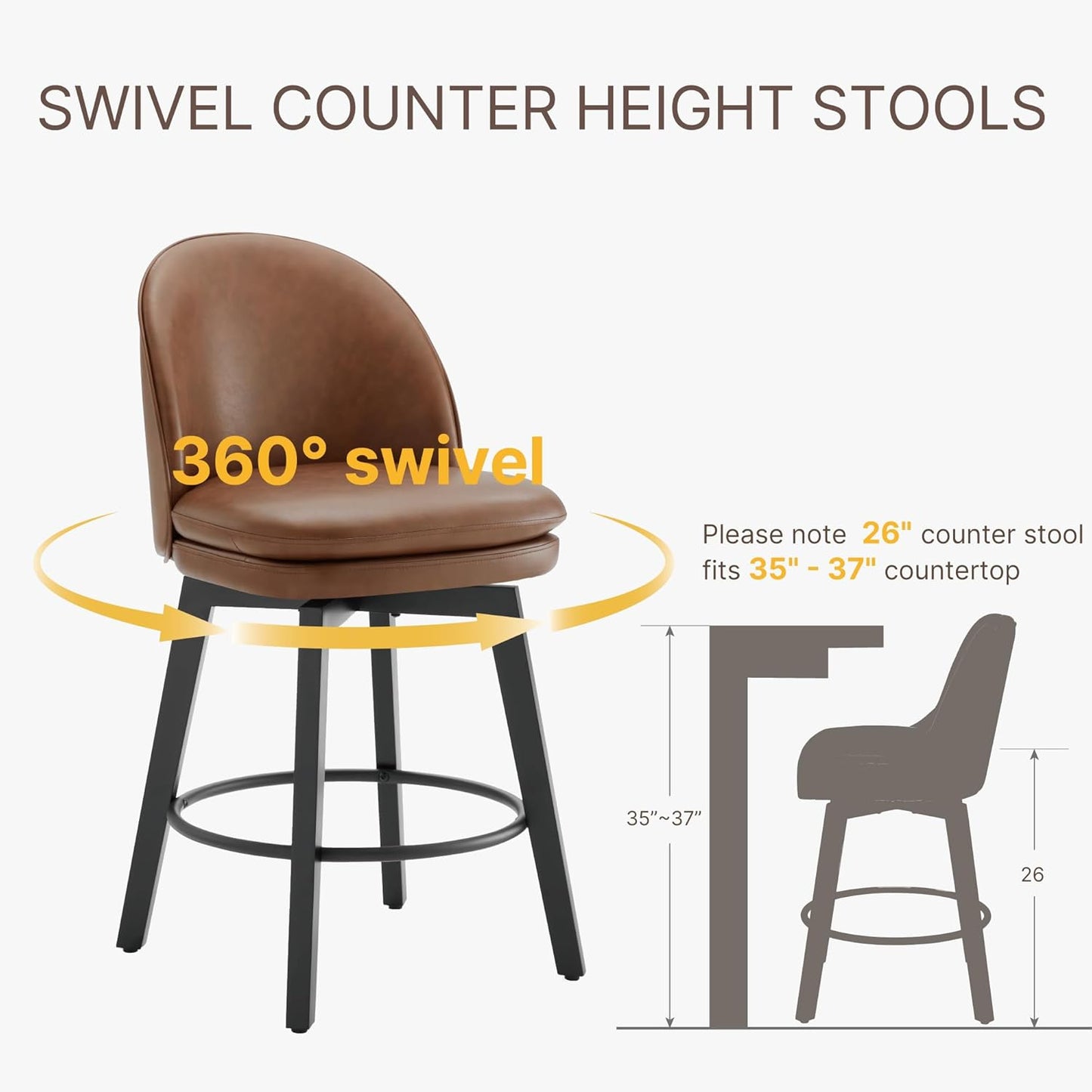 Counter Height Barstools 26 inch Upholstered Swivel Bar Stools with Back and Wood Legs for Kitchen Island,Set of 3,Brown PU Leather-Armless