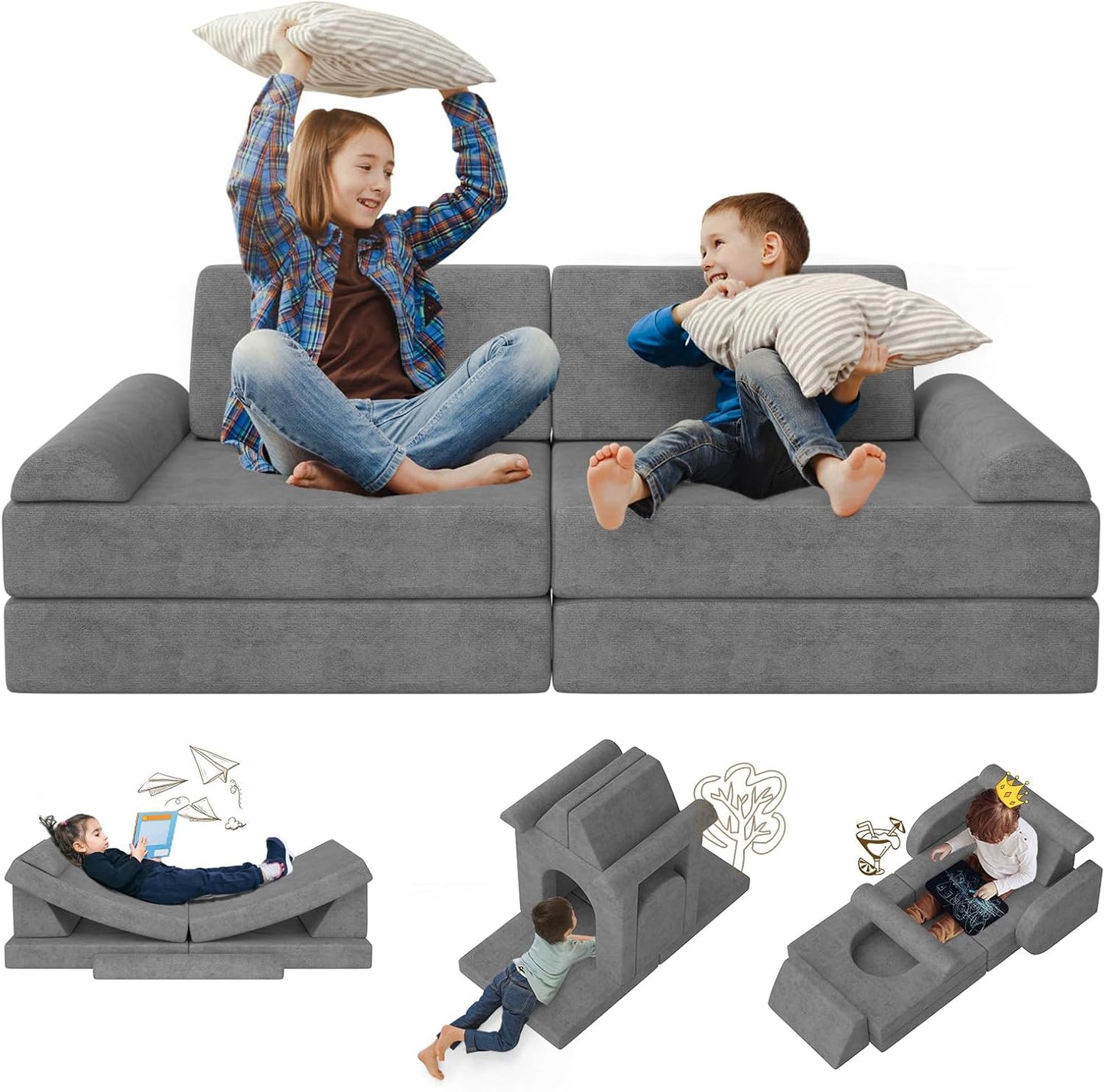 Modular Kids Play Couch 10PCS – Convertible Kids Sofa & Toddler Play Couch with DIY Foam Pieces for Imaginative Play, Climbing & Relaxation for Playroom, Bedroom, Nursery & Living Room