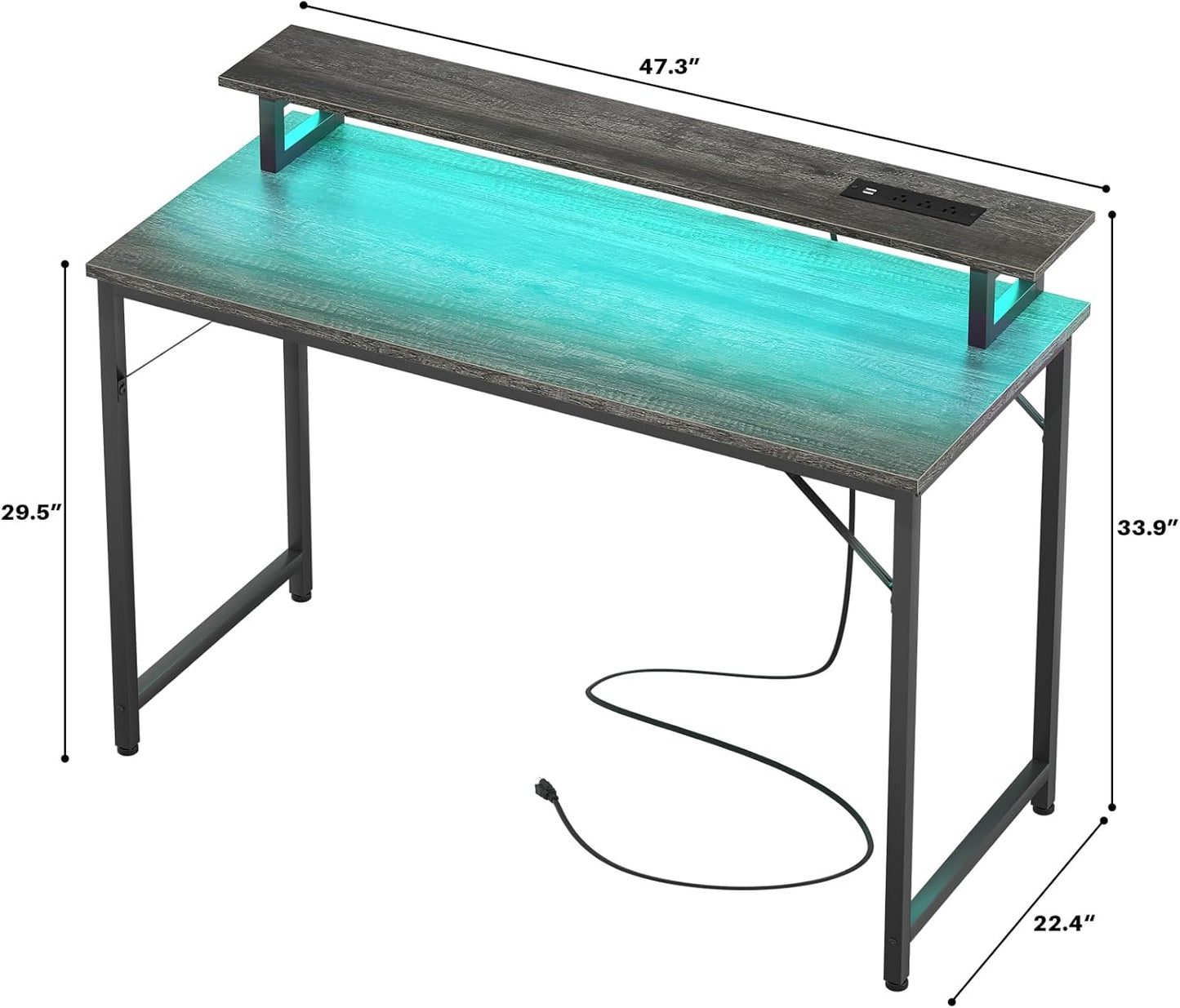 Computer Desk with USB Power Outlets and LED Lights, 47 inch Gaming Desk with Monitor Stand for Small Space Home Office, Modern Simple Study Writing Table PC Desks, Black Oak