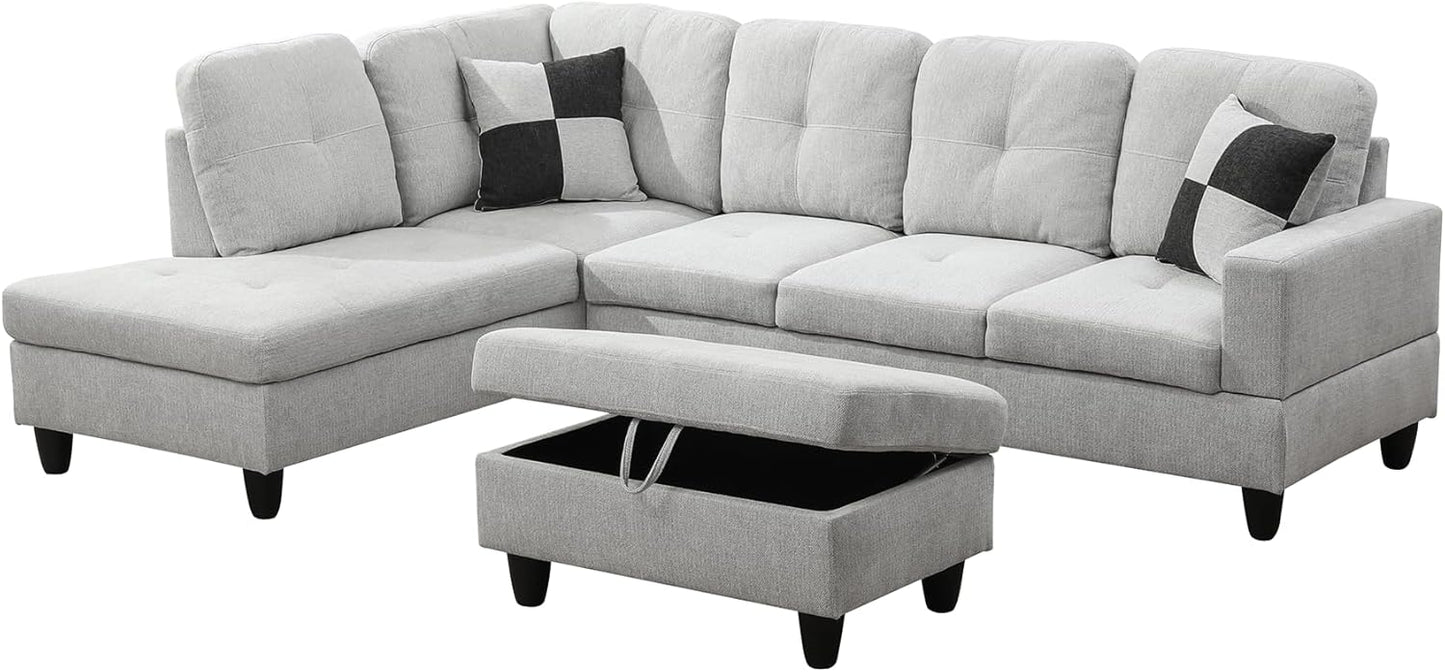 L Shaped Couch Modern Sectional Couch Upholstered Flannel Fabric 3 Pieces Sofas for Living Room with Chaise, Storage Ottoman for Office and Small Apartment, Light Grey