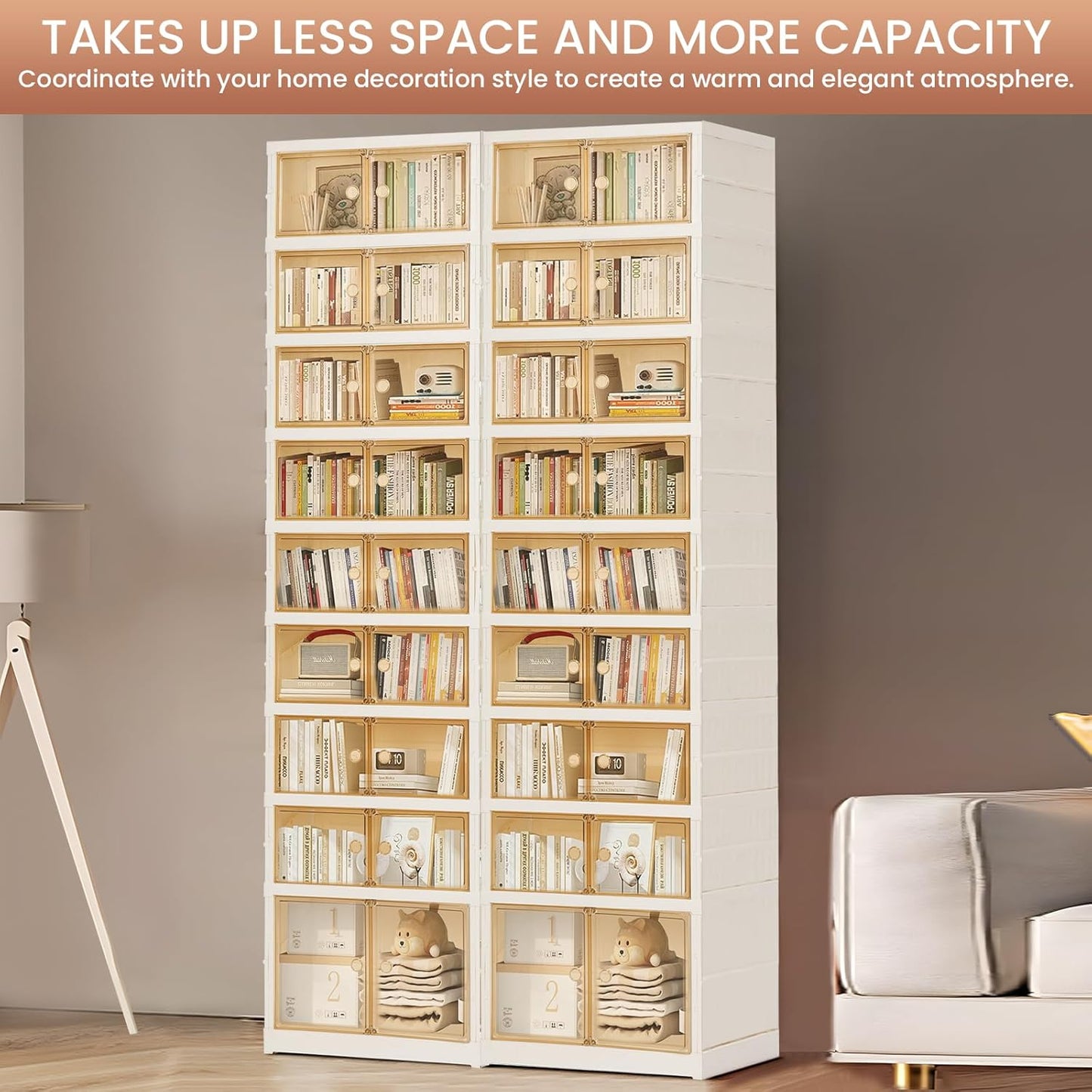 Foldable Shoe Organizer Storage Box, Portable Extra Large Folding Shoe Rack for Closet, Shoe Storage Box with Magnetic Transparent Door and Wheels, 9 Layers 18 Grids with 2 Big Grids for 2 PCS