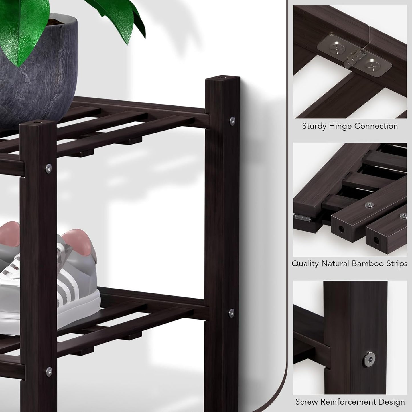 Haddockway Large 3 Tier Bamboo Shoe Rack Storage Organizer, Multifunctional Free Standing Stackable Shoe Shelf with Grid Panel for Closet,Hallway,Entryway,Small Space 27"x12"x21"(Brown, 3-Tier(Large))