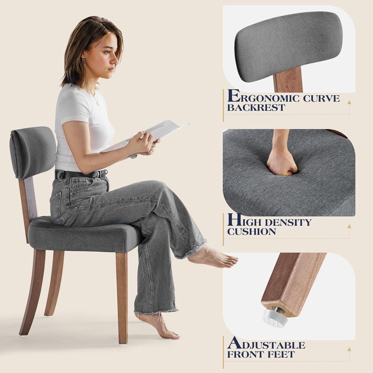 Mid Century Modern Dining Chairs Set of 2, Linen Upholstered Kitchen Chairs with Curved Backrest & Adjustable Legs for Living Room/Bedroom/Lounge, Easy to Install, Grey Linen