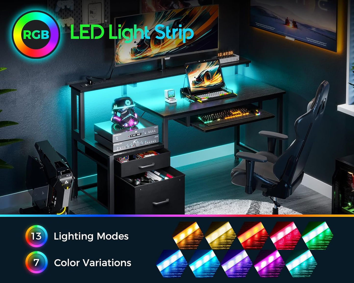 AODK Computer Desk with Drawers and Keyboard Tray, 63" Office Desk with Power Outlet and LED Lights, Reversible Study Work Desk with Printer Shelf and PC Stand for Home Office, Black