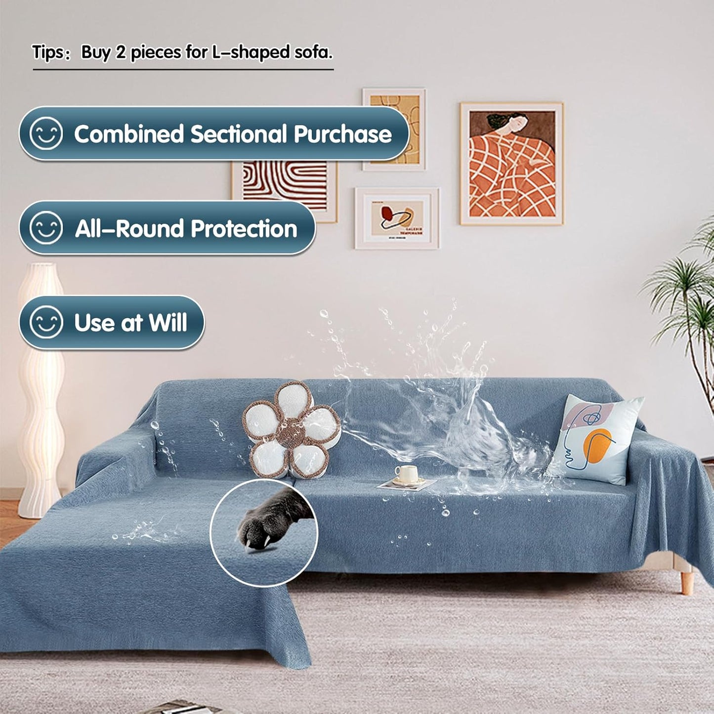 STACYPIK 100% Waterproof Blue Couch Cover for Pets, Sectional L Shape Sofa Cover for 2 Cushion Couch, Anti-Cat Scratch Furniture Protector Cover, Anti Slip Sofa Throw Cover for Dogs Kids-71x71IN