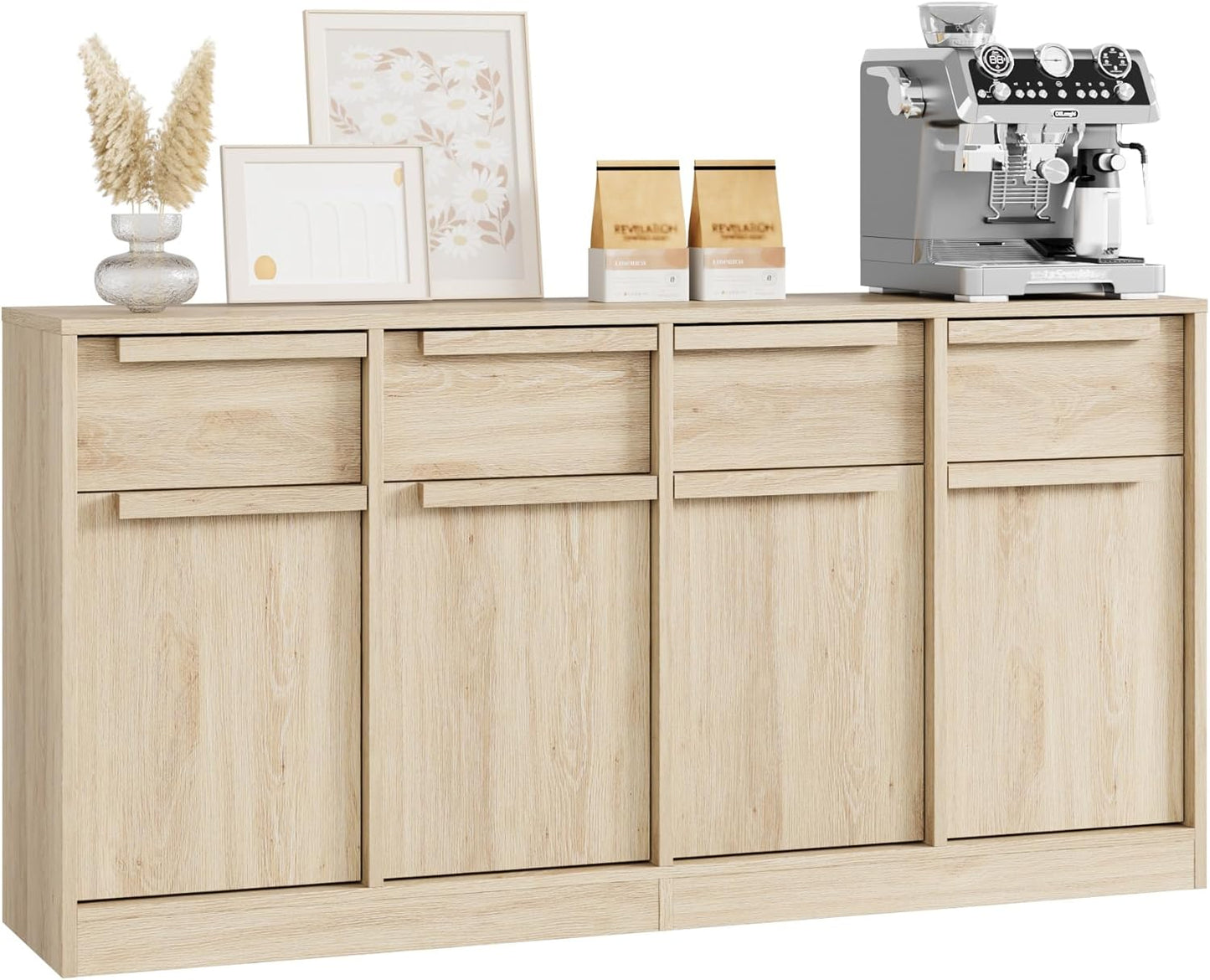 GarveeHome Sideboard Buffet Cabinet with 4 Drawers, 62.4" Large Coffee Cabinet with Storage, Modern Storage Buffet Table for Kitchen Dining Room, Living Room (Pear Wood, 4 Doors & 4 Drawers)