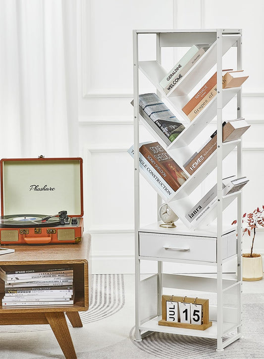 Bookshelf with Drawer,10 Tier Tree Bookcase Retro Floor Standing Bookshelves,Tall Wood Bookcases with Cabinet Storage Organizer for Living Room, Bedroom & Home Office, White