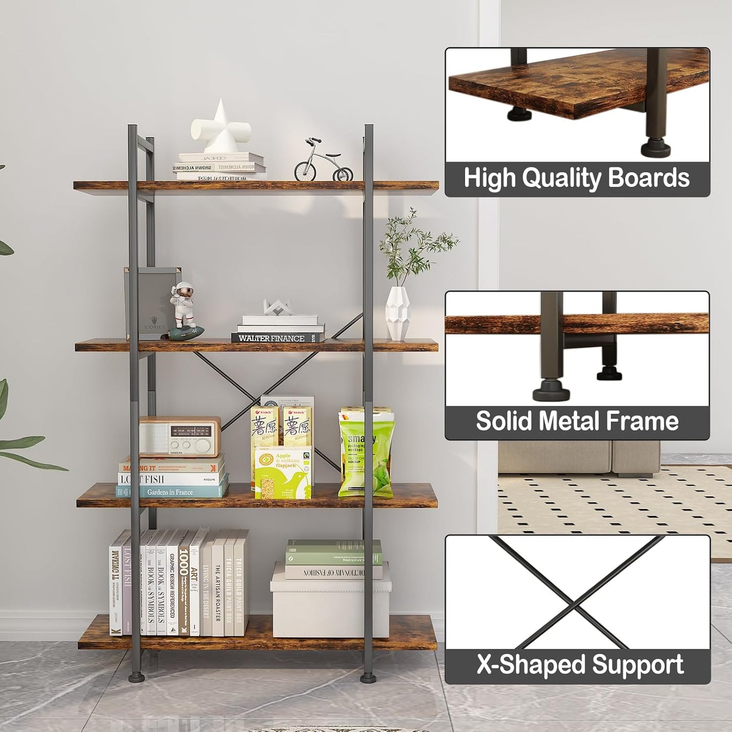 4 Tiers Bookshelf Rustic Brown Wooden Storage Shelf, Industrial Shelf Book Organizer,Modern Open Display Storage Bookcase,Metal Bookshelf Standing Tall Shelving Units for Home Office Study.