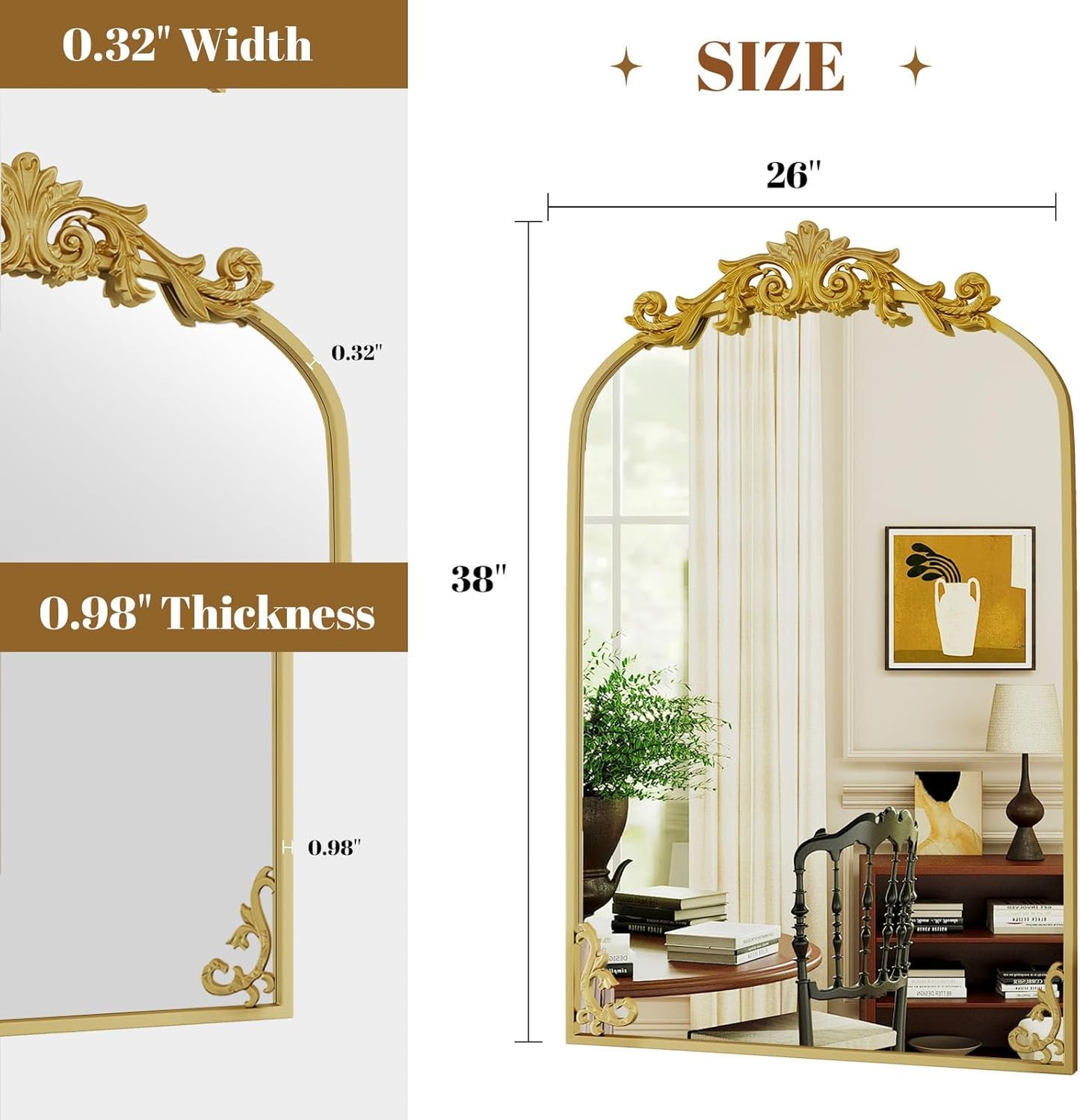 26x38 inch Vintage Arched Bathroom Mirror - Gorgeous Wall Vanity Mirror with Beautiful Retro Top and Bottom Engraving Process Frame for Entryway Hallway Living Room, Gold