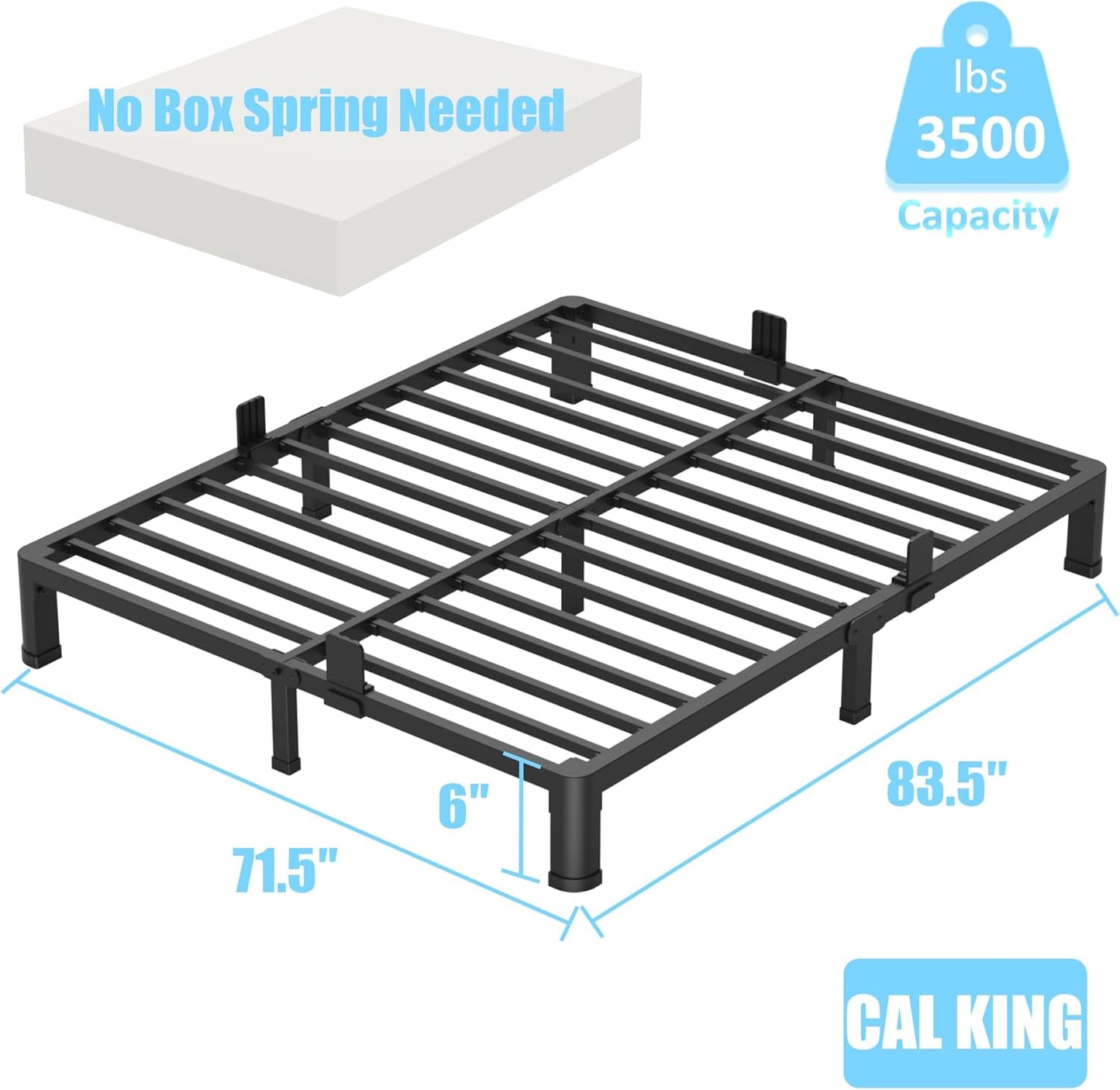 FUIOBYVV 6 Inch California King Bed Frame with Round Corner Edge Legs 3500 lbs Metal Heavy Duty Steel Slats Support No Box Spring Needed Platform Noise Free Easy Assembly