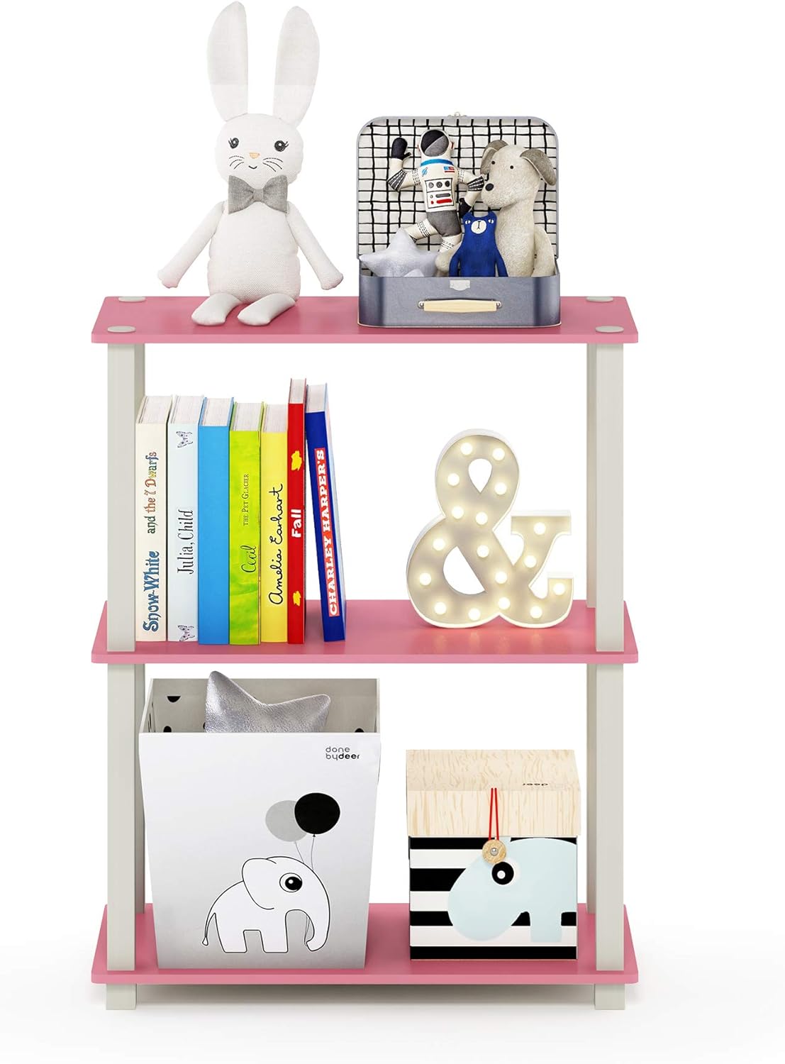 Furinno Turn-S-Tube 3-Tier Compact Multipurpose Shelf Display Rack with Square Tube, Pink/White