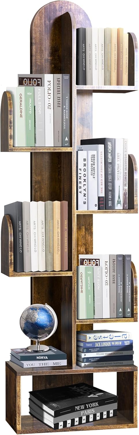 Cactus Tree Bookshelf, 5-Tier Wood 50" Tall Corner Storage Rack for CDs/Movies/Books, Small Space-Saving Organizer Shelves for Living Room, Bedroom, Home Office (Rustic Brown)