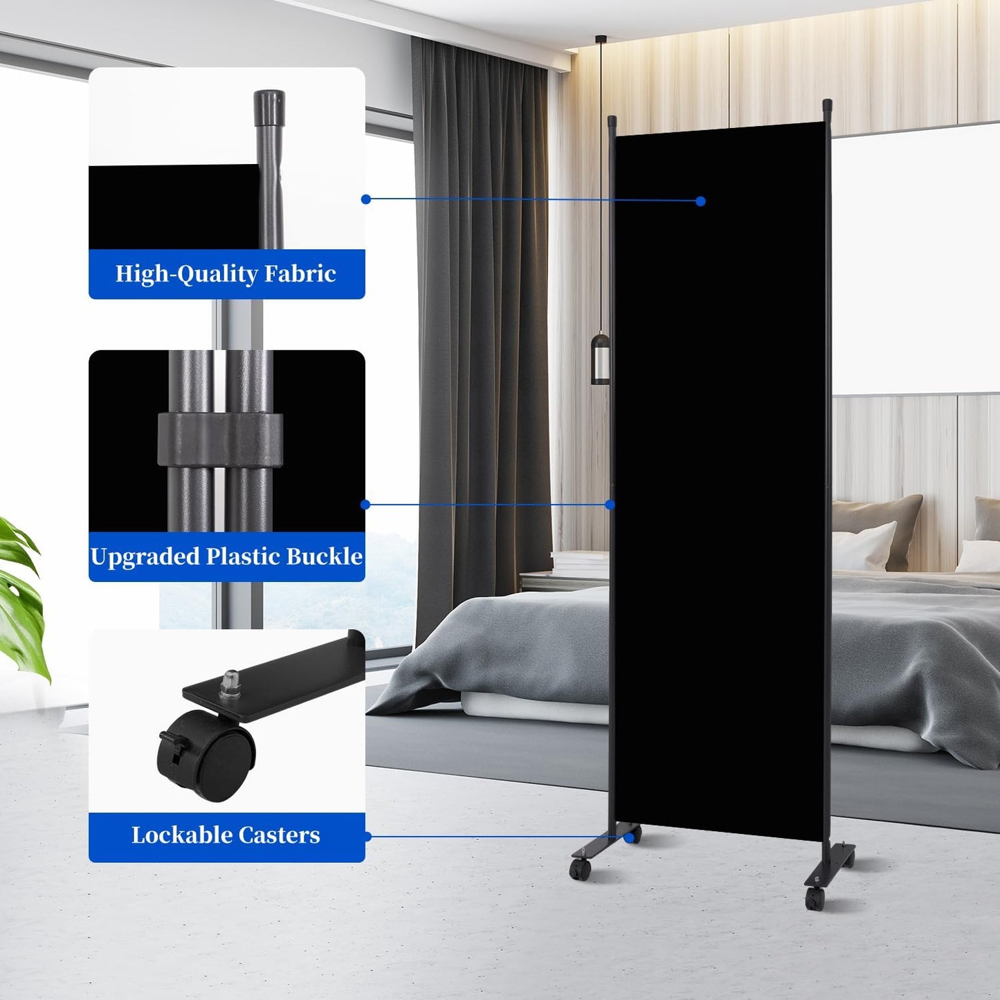 Room Divider 6FT Room Partition with Lockable Wheels, (Thicked Metal Base) Room Dividers, Freestanding Indoor Folding Privacy Screens, Portable Fabric Wall Divider for Room Separation, Black