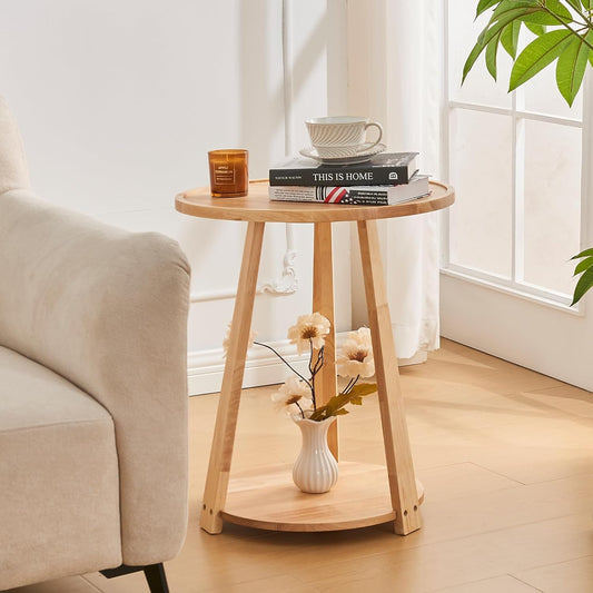 Uniclinens Round End Table, Solid Wood Round Side Coffee Table, Small Bedside Nightstand for Living Room Bedroom, Natural